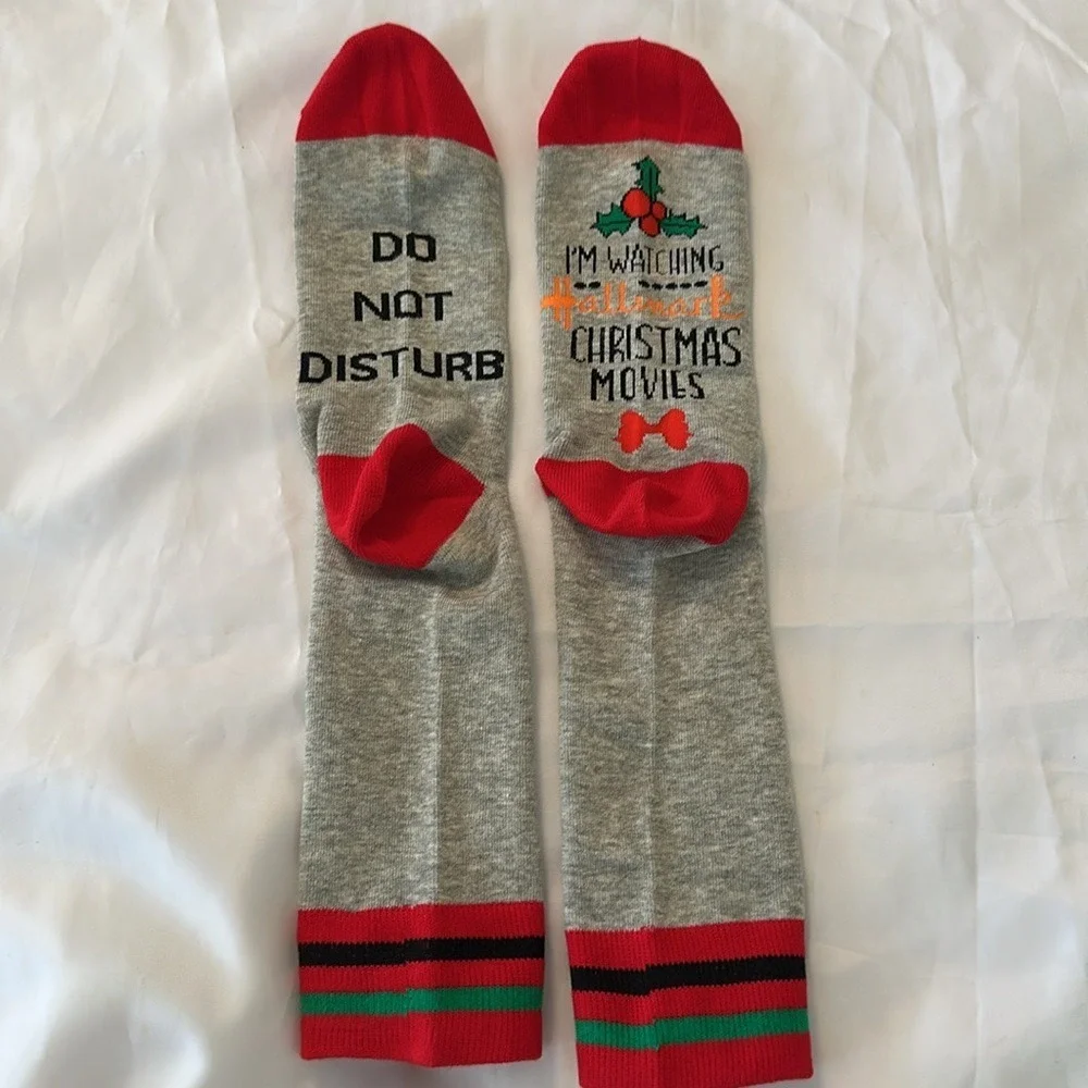 Hallmark Christmas Movies Socks Do Not Disturb Gray Red Holiday Crew Socks